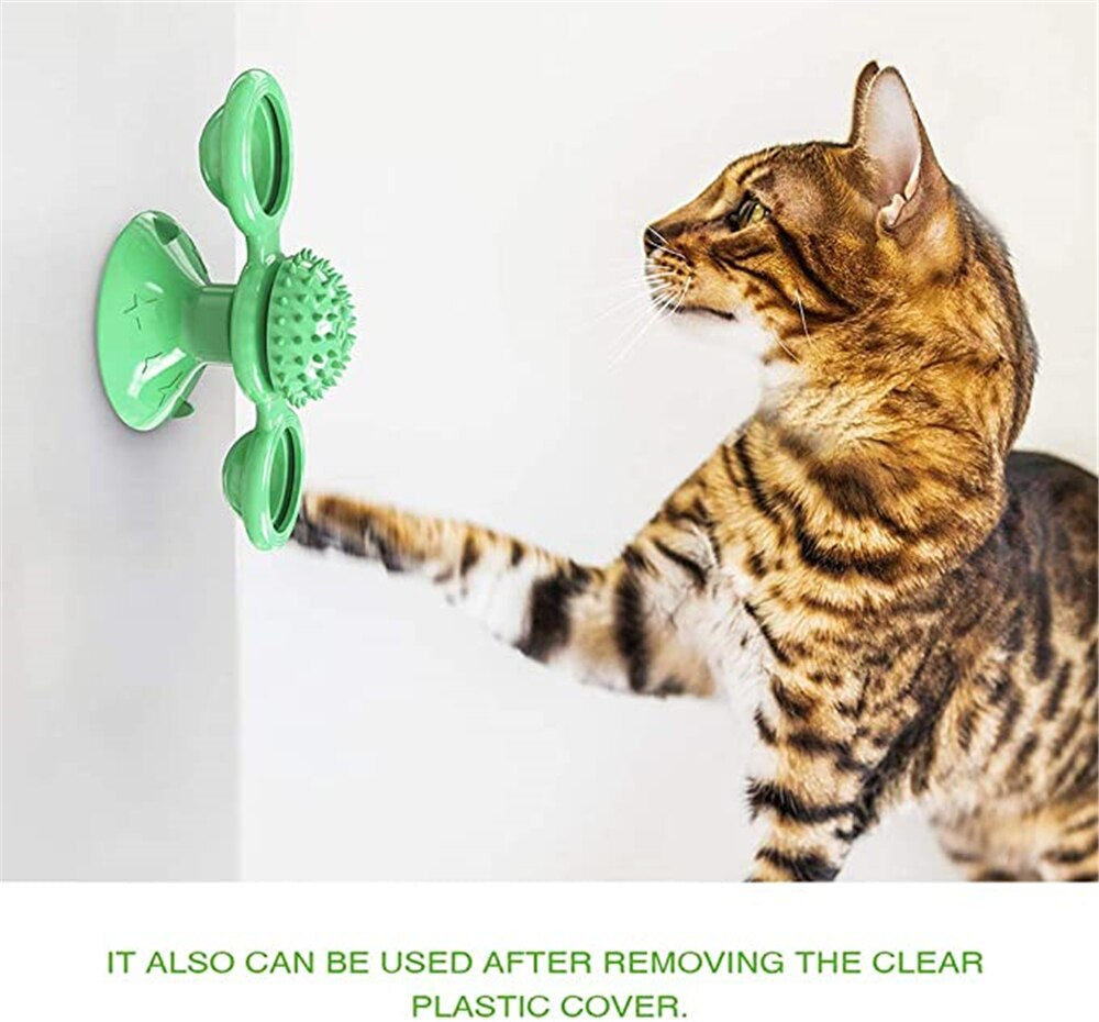 Interactive Cat Toy Windmill Portable Scratch Hair Brush Grooming Shedding Massage Suction Cup Catnip Cats Puzzle Training Toy