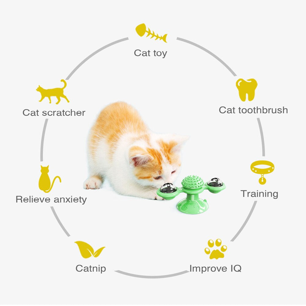 Interactive Cat Toy Windmill Portable Scratch Hair Brush Grooming Shedding Massage Suction Cup Catnip Cats Puzzle Training Toy